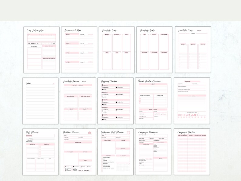 May include: A printable planner with pink accents, designed for social media marketing. It includes sections for goal action plans, monthly goals, monthly income, appointment trackers, social media overview, content calendar, YouTube plans, Instagram plans, campaign manager, and campaign tracker.