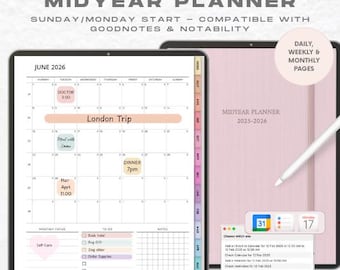 2025-2026 Mid-Year Digital Planner: Goodnotes iPad Journal (PDF) Dated Daily Weekly Monthly Planner
