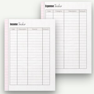 May include: Two white paper sheets with the titles "Income Tracker" and "Expense Tracker" in black script. Each sheet has a grid of lines for recording financial information. A pink and white striped border accents the left side of the "Income Tracker" sheet.