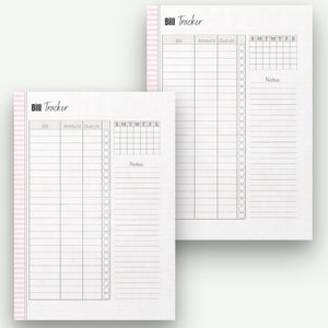 May include: Two white bill tracker pages with a pink striped border. Each page has columns for bill, amount, due date, and a calendar grid. The text "Bill Tracker" is at the top of each page. There is space for notes.
