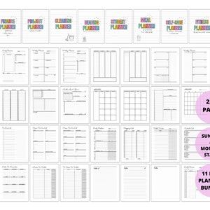 May include: A printable planner bundle with 11 different planner types, including life, finance, project, cleaning, reading, student, meal, self-care, fitness, and travel. The bundle includes 250 pages and starts on Sunday.