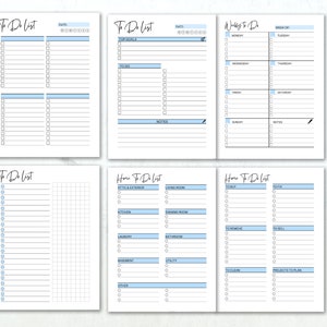 May include: A set of six white and blue To Do List planners. Each planner features a different layout, including daily, weekly, and home-related task lists. The text "To Do List" is written in a cursive font.