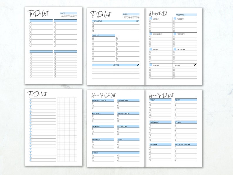 May include: A set of six white and blue To Do List planners. Each planner features a different layout, including daily, weekly, and home-related task lists. The text "To Do List" is written in a cursive font.