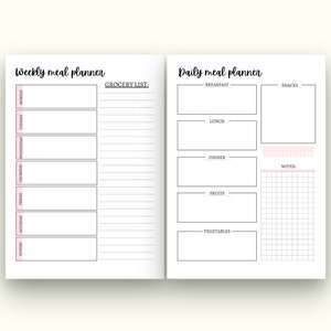 May include: A printable weekly meal planner with a grocery list and a daily meal planner with sections for breakfast, lunch, dinner, fruits, vegetables, snacks, and notes.