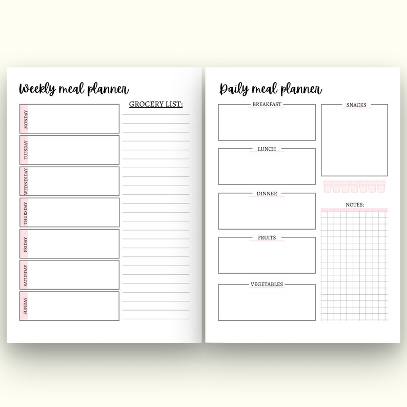 May include: A printable weekly meal planner with a grocery list and a daily meal planner with sections for breakfast, lunch, dinner, fruits, vegetables, snacks, and notes.