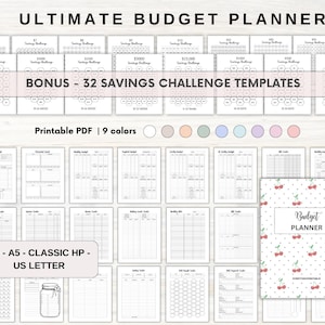 May include: Printable budget planner with 32 savings challenge templates. The planner includes pages for monthly budgets, expense tracking, and savings goals. The cover features a cherry pattern with the text "Budget Planner".