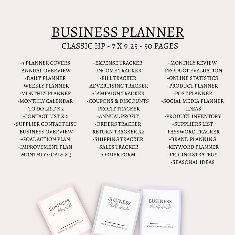May include: A pink, purple, and white business planner with the text "BUSINESS PLANNER" in black. The planner includes sections for monthly reviews, product evaluations, online statistics, product planners, post planners, social media planners, ideas, product inventory, supplier lists, password trackers, brand planning, keyword planners, pricing strategies, and seasonal ideas.