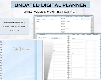 Undated Digital Life Planner: Daily, Weekly, Monthly (PDF)