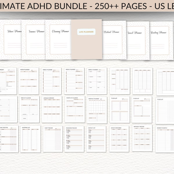 ADHD Planner for adults printable beige Home Management planner productivity planner bundle ultimate life binder  inserts ADHD journal pdf