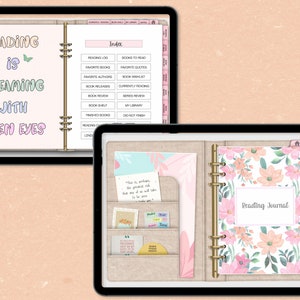 May include: A pink and white floral patterned reading journal with gold rings and tabs. The journal has a quote on the front cover that says "Reading is dreaming with open eyes".