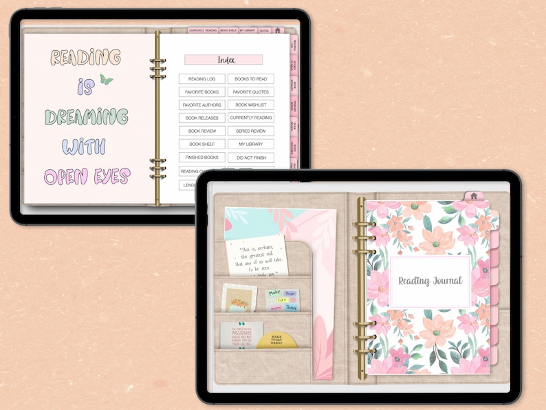 May include: A pink and white floral patterned reading journal with gold rings and tabs. The journal has a quote on the front cover that says "Reading is dreaming with open eyes".