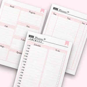 May include: A pink and black printable work planner with sections for email, projects, calls, meetings, reminders, schedule, to do, time, task, and due dates.