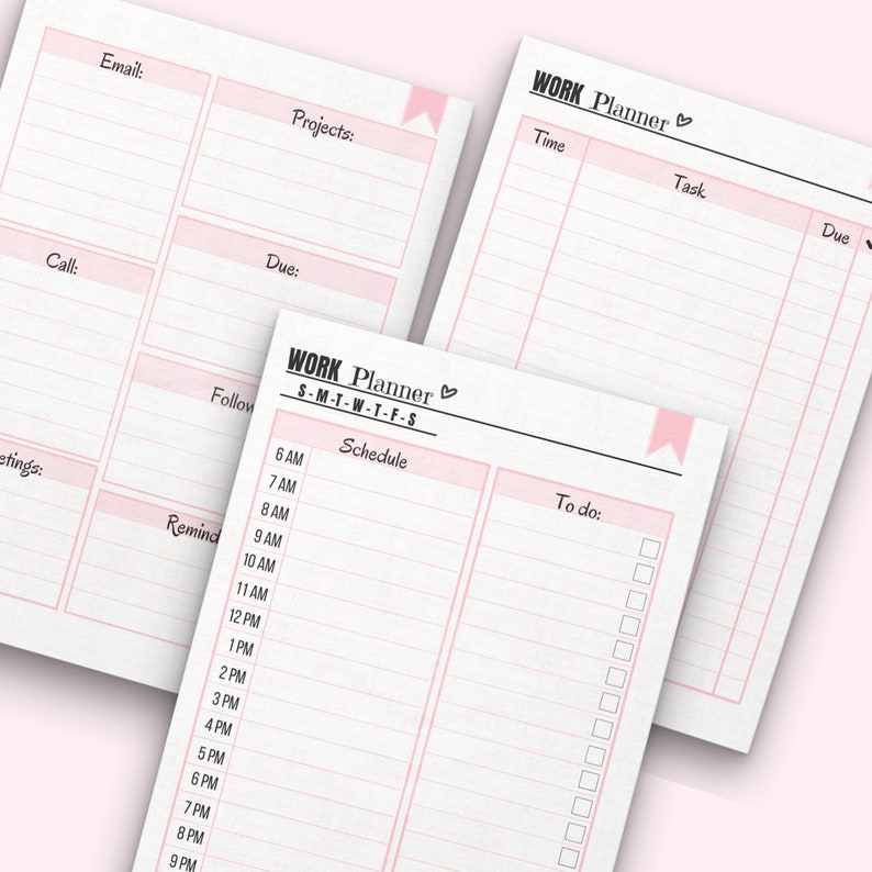 May include: A pink and black printable work planner with sections for email, projects, calls, meetings, reminders, schedule, to do, time, task, and due dates.