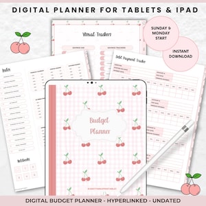May include: Digital budget planner for tablets and iPads. The planner features a pink gingham pattern with cherry illustrations. Includes visual trackers, debt payment tracker, and financial calendars. The text "Budget Planner" is visible.
