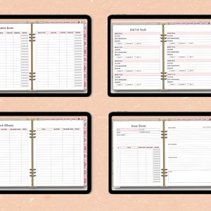 May include: Four digital planner pages with a pink and white color scheme. The pages are labeled "Finished Books", "Did Not Finish", "Book Release", and "Series Tracker".
