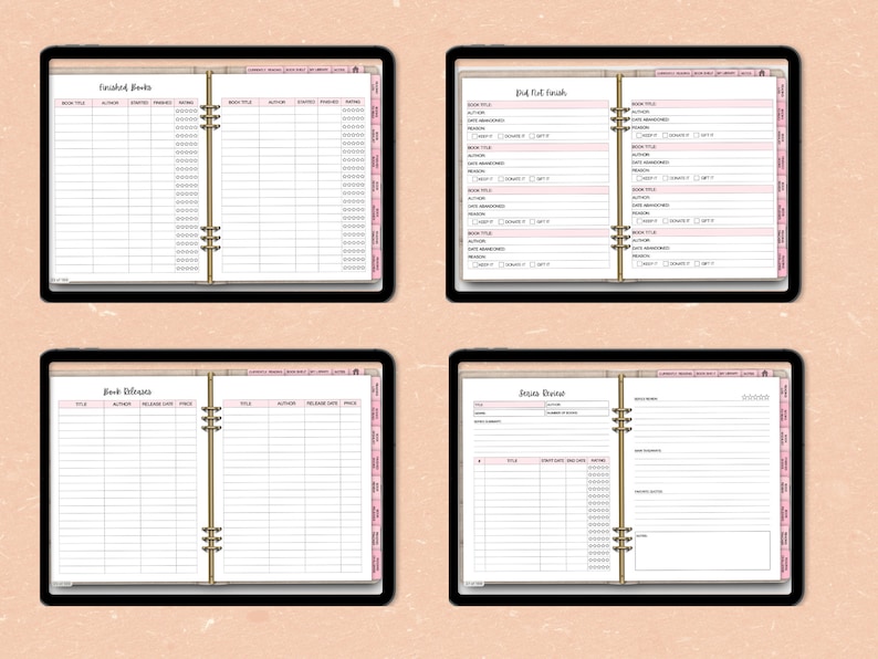 May include: Four digital planner pages with a pink and white color scheme. The pages are labeled "Finished Books", "Did Not Finish", "Book Release", and "Series Tracker".