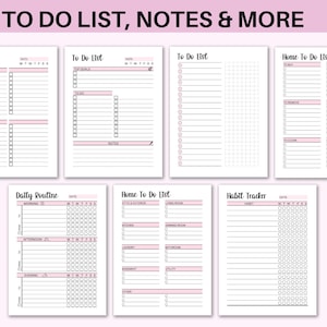 May include: Printable planner pages with a pink and black design. The pages include to-do lists, habit trackers, and daily routines.