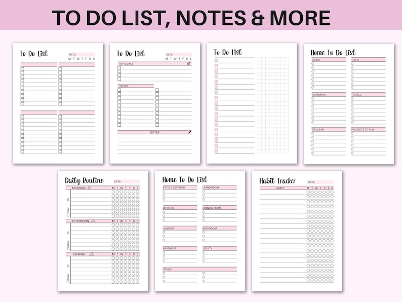 May include: Printable planner pages with a pink and black design. The pages include to-do lists, habit trackers, and daily routines.