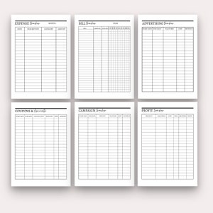 May include: A printable business planner with six different sections: Expense Tracker, Bill Tracker, Advertising Tracker, Coupons & Discounts, Campaign Tracker, and Profit Tracker. Each section has a table with columns for tracking different financial information.