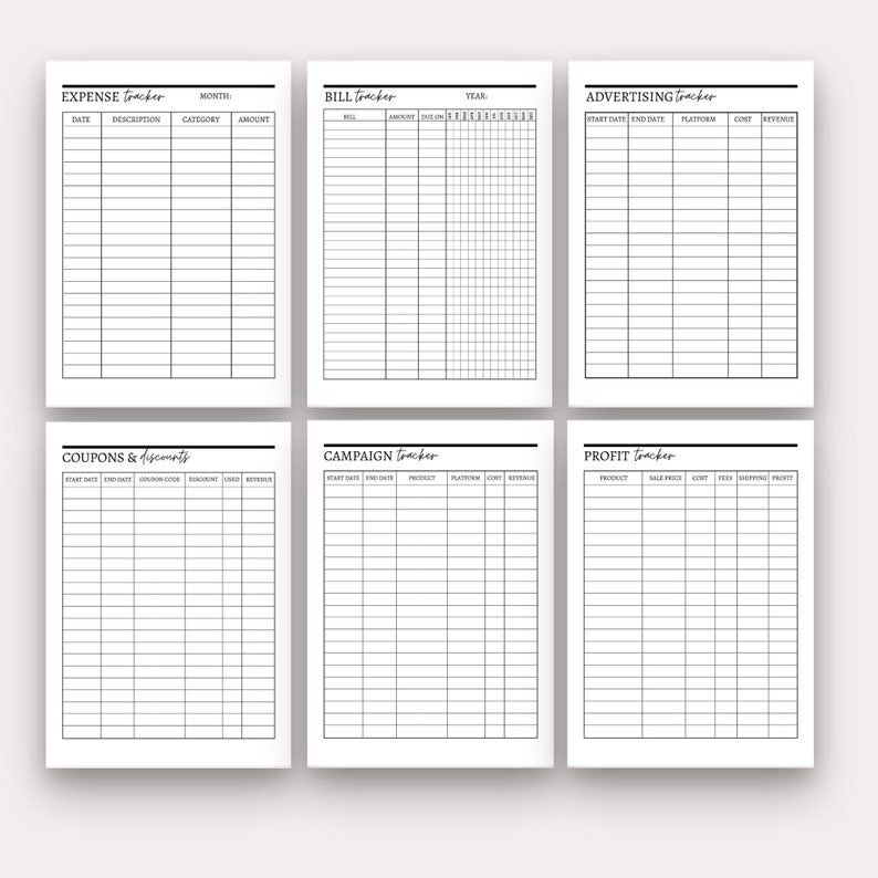 May include: A printable business planner with six different sections: Expense Tracker, Bill Tracker, Advertising Tracker, Coupons & Discounts, Campaign Tracker, and Profit Tracker. Each section has a table with columns for tracking different financial information.