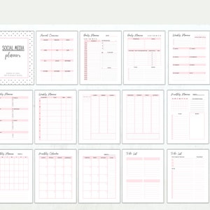 May include: A set of printable social media planner pages with black and white polka dots, pink lines, and headings for daily, weekly, and monthly planning.