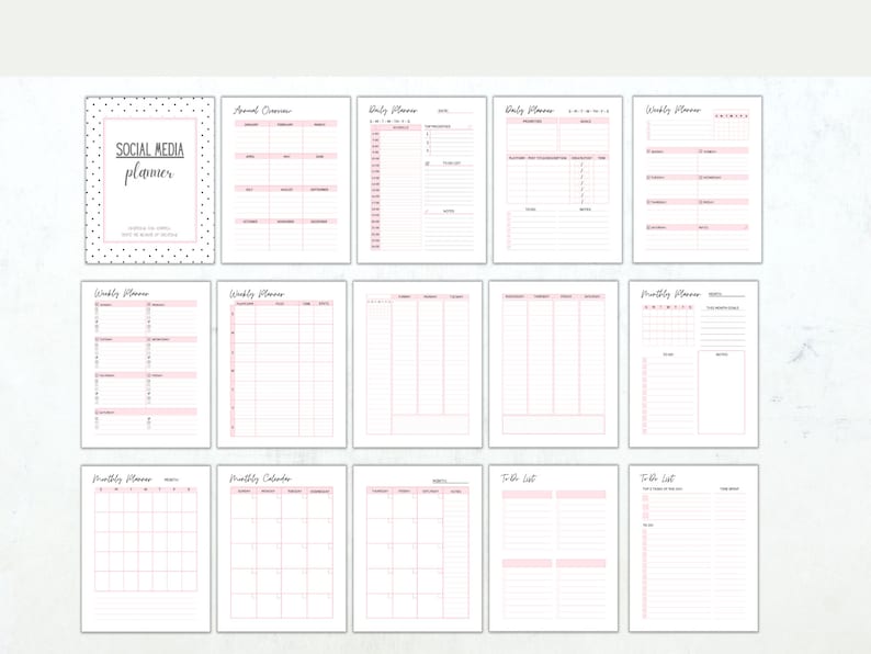 May include: A set of printable social media planner pages with black and white polka dots, pink lines, and headings for daily, weekly, and monthly planning.