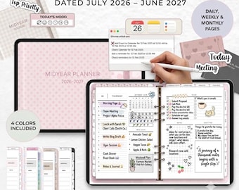 May include: A digital midyear planner dated July 2026 to June 2027, featuring daily, weekly, and monthly pages. The planner includes a pink polka dot cover, a ring-bound interface with task lists, calendar views, and note sections, compatible with Goodnotes and Notability apps.