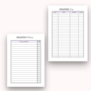 May include: Printable reading log and challenge tracker. The reading log has columns for date, title, author, and pages. The challenge tracker has a list of 20 books to read with checkboxes.