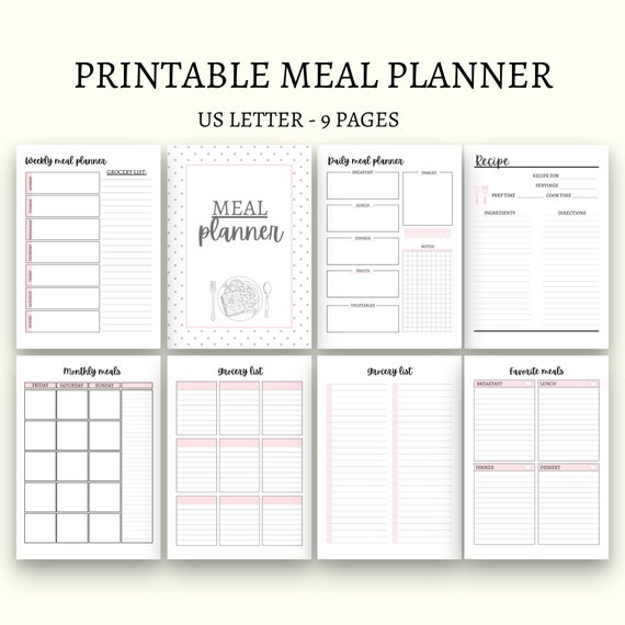Printable Meal Planner: Weekly, Daily, Recipe, Grocery List (US Letter, 9 Pages) (PDF)