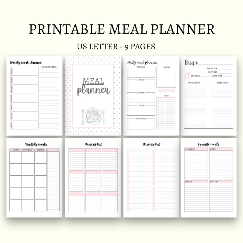 May include: Printable meal planner with nine pages, including weekly and daily meal planners, grocery lists, a recipe page, and a page for favourite meals. The pages are designed with a white background and black text, with pink accents.