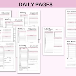May include: A set of printable daily planner pages with a pink and black design. The pages include sections for daily tasks, priorities, notes, and a weekly planner.