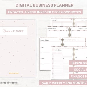 Può includere: Un planner aziendale digitale rosa con un motivo a pois. Il planner include pagine giornaliere, settimanali e mensili. Il planner è non datato e ipercollegato per Goodnotes.