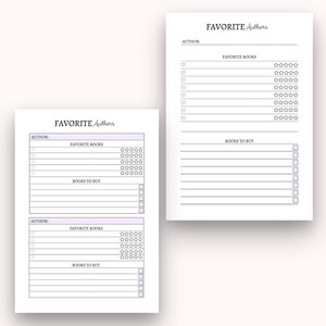 May include: Printable planner page with a light purple background and black text. The page is titled "FAVORITE Authors" and has sections for listing favourite books, rating them with stars, and listing books to buy.