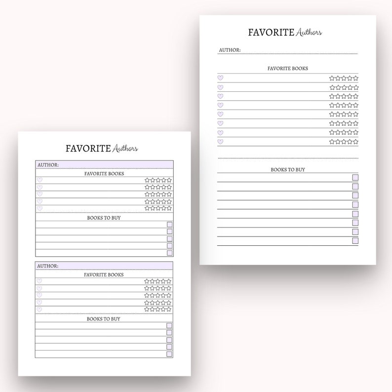 May include: Printable planner page with a light purple background and black text. The page is titled "FAVORITE Authors" and has sections for listing favourite books, rating them with stars, and listing books to buy.