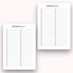 May include: A printable checklist with two columns, one labelled "BOOKS TO Read" and the other labelled "BOOKS TO Buy". Each column has 25 blank lines with a checkbox next to each line.