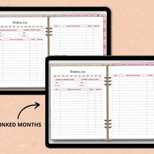 May include: A digital planner template for tracking reading progress. The template includes sections for book title and author, pages read, minutes spent reading, and monthly goals. The months are hyperlinked for easy navigation.