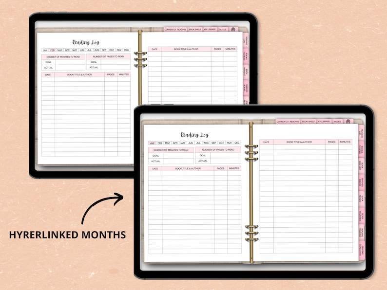 May include: A digital planner template for tracking reading progress. The template includes sections for book title and author, pages read, minutes spent reading, and monthly goals. The months are hyperlinked for easy navigation.