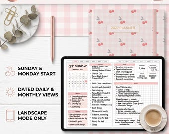 May include: A 2027 digital daily planner PDF featuring a cherry-patterned cover, a rose gold stylus, and a tablet displaying a detailed daily schedule. The planner includes Sunday and Monday start options, dated daily and monthly views, and is compatible with Goodnotes and Notability apps in landscape mode.