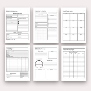 May include: A black and white printable business planner with sections for business details, product planning, seasonal ideas, order forms, brand planning, and pricing strategy.