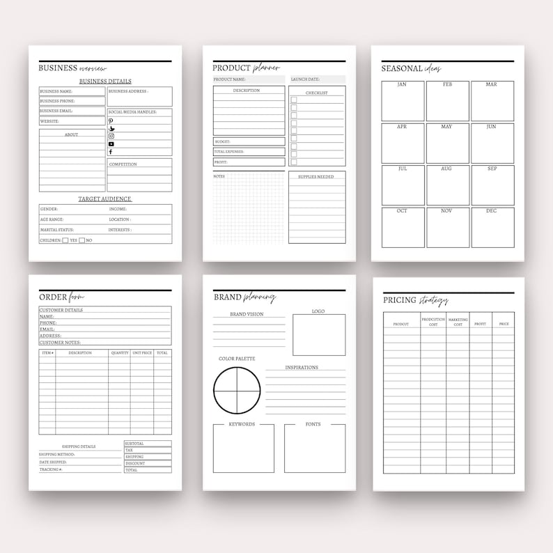 May include: A black and white printable business planner with sections for business details, product planning, seasonal ideas, order forms, brand planning, and pricing strategy.