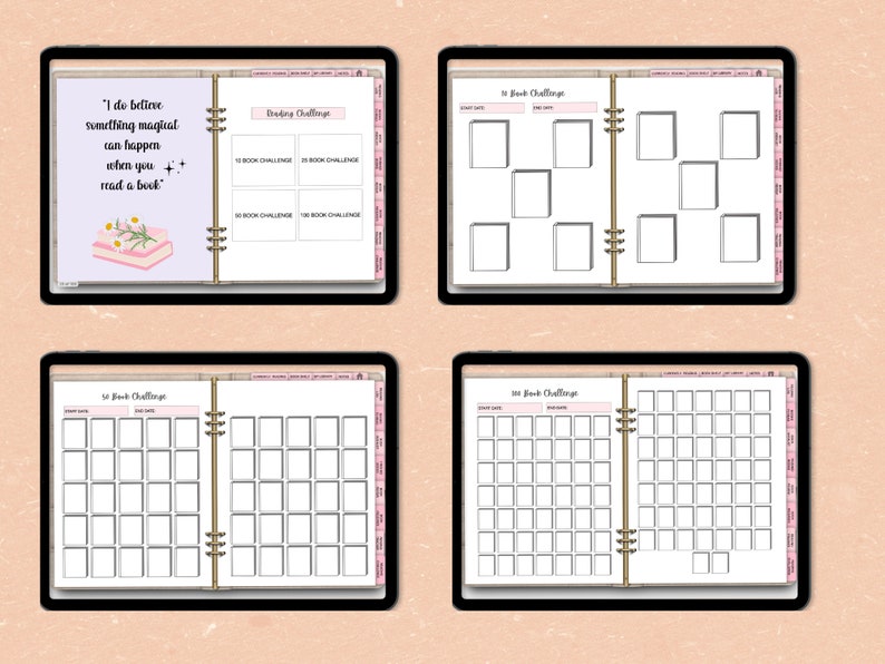 May include: A digital planner with a pink and white color scheme. The planner has a quote about reading, "I do believe something magical can happen when you read a book." The planner has a reading challenge tracker with sections for 10 book challenges, 20 book challenges, 50 book challenges, and 100 book challenges.