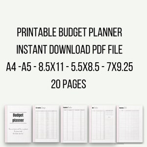 May include: Printable budget planner with instant download PDF file. Includes A4, A5, 8.5x11, 5.5x8.5, and 7x9.25 inch sizes. The planner has 20 pages. The image shows several pages with sections for savings, expenses, bills, and monthly goals.