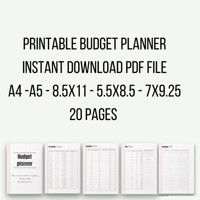 May include: Printable budget planner with instant download PDF file. Includes A4, A5, 8.5x11, 5.5x8.5, and 7x9.25 inch sizes. The planner has 20 pages. The image shows several pages with sections for savings, expenses, bills, and monthly goals.