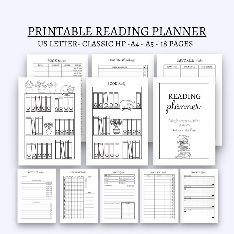 Reading planner printable reading journal book planner reading log book shelf classic hp big happy planner A5 A4 reading tracker inserts pdf 