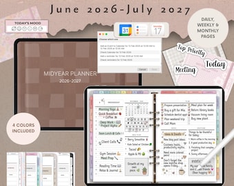 May include: A digital midyear planner for June 2026 to July 2027, featuring daily, weekly, and monthly pages. The interface displays a calendar, to-do lists, meal plans, and notes. It includes four color options and is compatible with Goodnotes and Notability apps, with both Sunday and Monday start options available for users.