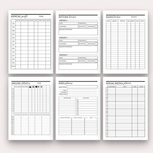 May include: A black and white printable planner with sections for annual profit, return tracker, sales tracker, online statistics, post planner, and social media planner. Each section has a grid layout with headings and columns for tracking various data points.