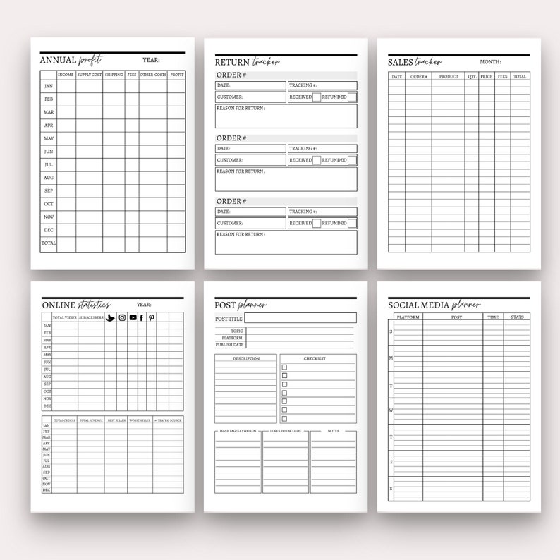 May include: A black and white printable planner with sections for annual profit, return tracker, sales tracker, online statistics, post planner, and social media planner. Each section has a grid layout with headings and columns for tracking various data points.