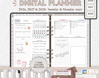 May include: An all-in-one digital planner for 2026, 2027, and 2028 with Sunday and Monday start options. The planner features a daily schedule, meal plan, to-do lists, and gratitude sections. It includes seven tab colors and a smartphone view showing the year options. The interface displays handwritten notes, icons, and a mood tracker.