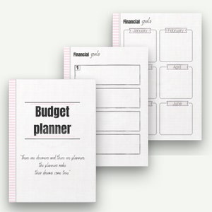 May include: A white budget planner with pink striped edges and the text "Budget planner." The planner includes pages for financial goals, with sections for January, February, April, and June. The cover has a quote: "There are dreamers and there are planners. The planners make their dreams come true."