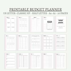May include: A printable budget planner with various financial tracking pages. The planner includes sections for financial goals, savings, expenses, and debt tracking. The text on the top says "PRINTABLE BUDGET PLANNER".